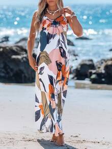 Sylviya 女士度假休闲花卉植物印花吊带长裙，太阳裙，度假装 - 彩色 - 查看 5