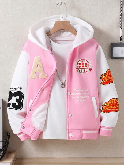SHEIN Explorewe 一件少女秋冬季字母印花抓绒连帽外套，面料柔软舒适，适合户外运动、摄影、旅行及各种场合，时尚粉色少女外套