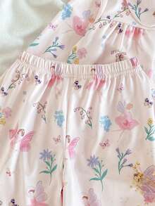 SHEIN Vintaside Kids 2 件套年轻女孩长袖荷叶边袖口全身印花休闲舒适宽松服装 - 彩色 - 查看 6