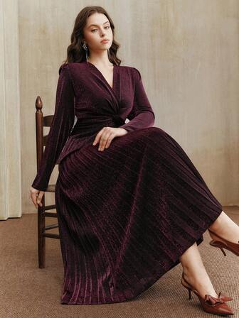 Anewsta Robe en tricot élégante pour femmes avec manches longues, design plissé et torsadé à la taille, convient pour l'automne, l'hiver, l'été, le printemps, le Nouvel An, les fêtes, les mariages