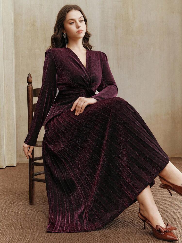 Valentine Elegant Women's Long Sleeve Pleated Twist Waist Design Knit Dress, Suitable For Fall, Winter, Summer, Spring, New Year, Party, Wedding