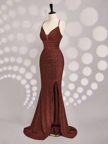 Coutiva 女式纯色褶皱亮面侧开衩优雅正式晚礼服 - 亮橙色 - 查看 4