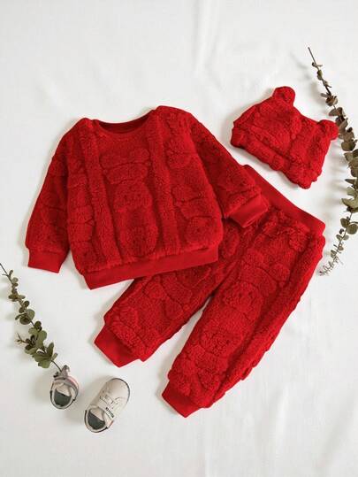 SHEIN Set de 3 piezas: Sudadera de cuello redondo con estampado de oso de peluche blanco, pantalón de felpa y gorro con orejas de peluche para bebés niños y niñas, un conjunto adorable y cómodo para otoño/invierno