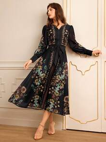 Lilora Đầm dài tay dài dáng xòe bằng chiffon in hoa màu đen dành cho nữ, Thu/Đông, Công sở, Cổ điển, Tiệc tùng, Nghỉ dưỡng, Đi chơi, Phong cách quý tộc, Quyến rũ, Dạ hội, Vũ hội, Ngày Valentine, Trang phục du lịch, Đi làm, Nhiều lớp, Hẹn hò, Tụ họp, Tối giản, Sinh nhật, Sự kiện trang trọng, Ibiza, Nashville, Nghỉ ngơi, Kín đáo, Sang trọng, Thường ngày, Mua sắm, Thời trang đường phố, Đi chơi, Gợi cảm, Cổ điển, Thời trang đường phố, Boho, Trang trọng, Phong cách những năm 2000, Thường ngày, Hippie, Cổ điển, Phong cách quý tộc - Nhiều màu - Xem 4