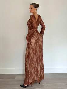 Siren Gaze 不对称网纱紧身连衣裙，露肩设计，褶皱腰身，A字裙摆，度假连衣裙，法式吊带连衣裙，黑色长袖连衣裙 - 咖啡棕 - 查看 2