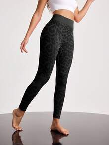 Menodora SHEIN Sport 女士豹纹紧身裤，适合日常健身和锻炼瑜伽裤 - 黑色 - 查看 5