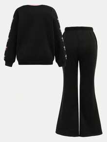 Girlism Conjunto informal de sudadera estampada de punto y pantalones para niña preadolescente - Negro - Ver 2