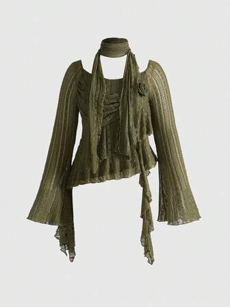 Plus Size Women Asymmetrical Asymmetric Design Textured Knit Top, Elegant Vintage Fairycore Green Pullover Sweater With Ribbon Tie Neck, Suitable For Autumn/Winter