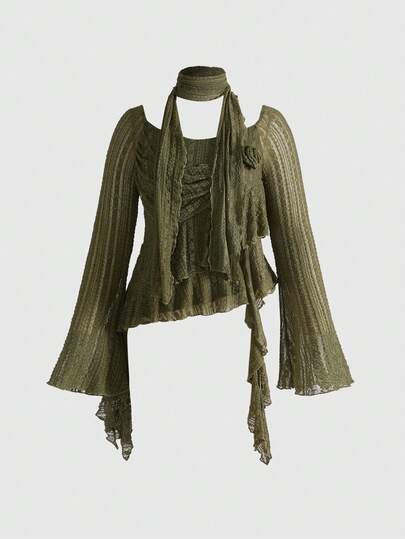 Plus Size Women Asymmetrical Asymmetric Design Textured Knit Top, Elegant Vintage Fairycore Green Pullover Sweater With Ribbon Tie Neck, Suitable For Autumn/Winter