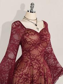SHEIN ICON Plus Size Square Neck Ruched Lace Flare Sleeve Contrast Color Dress, Y2K Party Dress, Halloween Costume, Witch - Burgundy - View 5