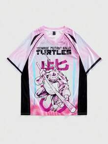 ROMWE MEN TEENAGE MUTANT NINJA TURTLES X ROMWE Men's Summer Cartoon And Slogan Graphic Ombre Colorblock Raglan Short Sleeve T-Shirt