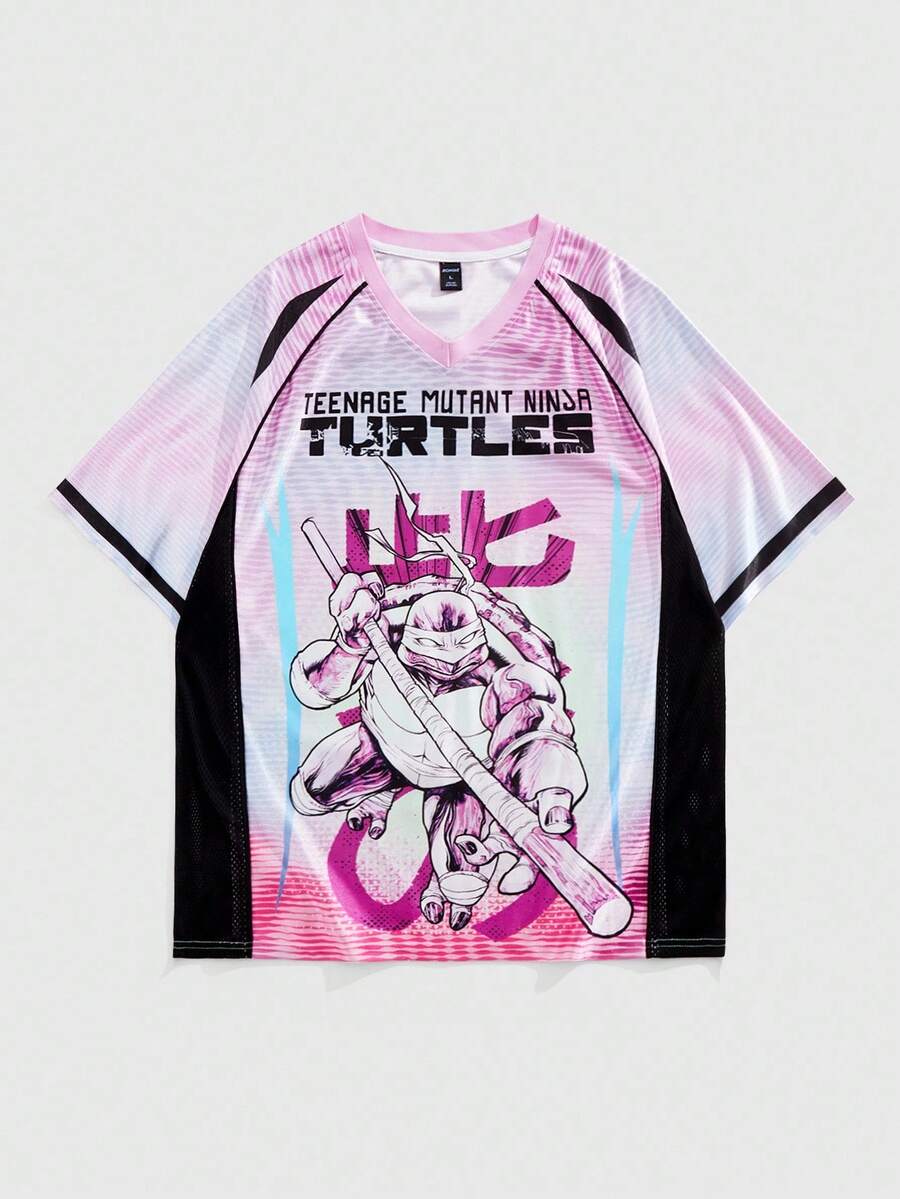 ROMWE MEN TEENAGE MUTANT NINJA TURTLES X ROMWE Men's Summer Cartoon And Slogan Graphic Ombre Colorblock Raglan Short Sleeve T-Shirt