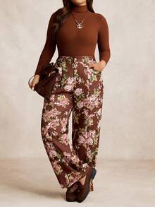 EMERY ROSE Plus Size Women Vintage Minimalist High Waist Elegant Digital Print Long Casual Pants, Winter - Brown - View 7
