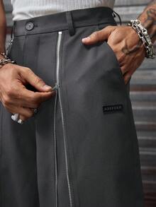 AXEPEAK 男士纯色拉链装饰时尚街头宽松长裤 - 灰色 - 查看 5