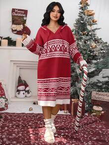 EMERY ROSE Plus-Size Women's Dress, Solid-Color Knitted With Diamond Ribbing, Casual & Elegant, Autumn & Winter Sweater Dress, Suitable For Christmas, Back-To-School, Vacation & OfficeChristmas Outfits Women's Winter Apparel