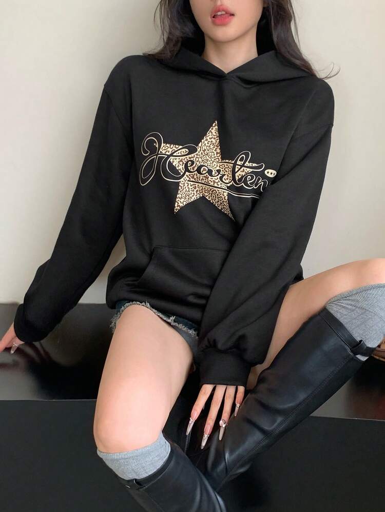 Women's Letter & Star & Leopard Print Long Sleeve Thermal Lined Casual Sweatshirt, Autumn/Winter Hoodies