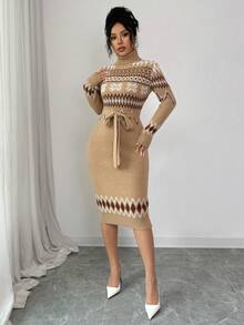 Elenzga Women's Elegant Waist Belt Snow Jacquard Midi Bodycon Knitwear Dress, Fair Isle Retro Pattern Knit Sweater Dress - Khaki - View 5