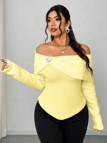 Elenzga Suéter de punto elegante de manga larga con hombros descubiertos, cuello de chal, unicolor, decoración de cristales de metal, fruncido, ajustado y de talla grande para mujer, otoño - Amarillo - Ver 7