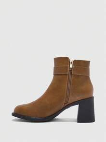 CUCCOO BIZCHIC Women's Fashion Ankle Boots, Square Toe Chunky Heel Design, Camel Color PU Material Solid Color, Side Zipper With Metal Buckle Strap, Versatile For Skirts, Jeans, Coats, Suitable For Autumn/Winter Outfits, Fashion Shows, Commuting, Stylish Women Ankle Boots - Camel - View 9