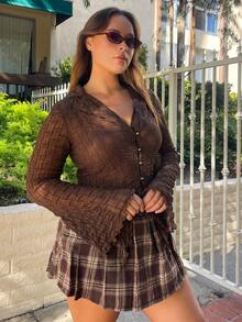 Nezia Cruz PLUS Size Lettuce Trim Asymmetrical Hem Sheer Top Without Bra Blouses-1891 - Coffee Brown - View 3