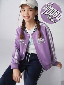JNSQ 青少年女孩罗纹领图案字母和星星印花棒球夹克运动衫，适合秋冬日常穿着、户外活动、度假、街头服饰、派对和休闲 - 紫色 - 查看 1
