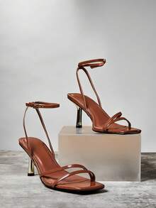 SHUZIA 女士时尚巧克力漆皮方头性感高跟踝扣带舞蹈节日派对春夏凉鞋 - 巧克力棕 - 查看 4