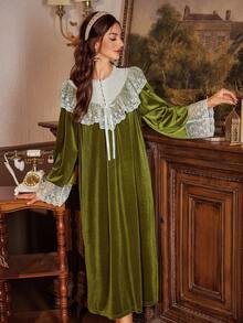 PalaceNights Women's Velvet Luxury Embroidered Floral Lace Trim Loose Long Sleeve Nightgown, Winter, Moo Moo Night Dress - Green - View 3