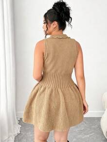 Elenzga Váy len không tay dáng rộng thời trang thu đông cho nữ cỡ lớn, viền bèo nhún, váy len màu trơn - Màu Khaki - Xem 2