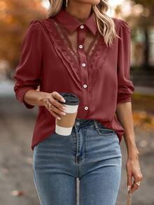 LanaWest Contrast Lace Button Front Shirt Black Blouse For Women - Redwood - View 3
