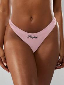 Missguided x Playboy High Cut Brief With Logo Print Design - Pink - View 5