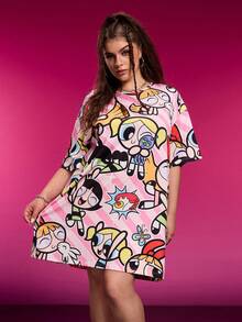 THE POWERPUFF GIRLS X SHEIN Plus Size Summer Casual Cute Blossom, Bubbles, Buttercup Pattern Short Sleeve Dress Graphic Dress Plus Size Tshirt Dress Kawaii Plus Size Y2k Tee Dress - Multicolor - View 3