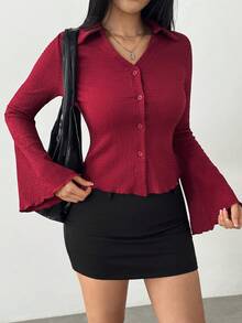 Flirla Women's Solid Color Single-Breasted Casual Flared Sleeve Blouse, Spring And Summer, Fall Clothes Women Shirt - Burgundy - View 4
