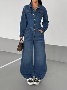 StreetHx 时尚休闲街头风格衬衫领扣式牛仔连体裤，长袖