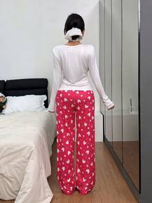 SHEIN 蝴蝶结爱心罗纹圆领长袖上衣和裤子休闲女式睡衣套装 蝴蝶结爱心睡衣套装 可爱睡衣 女式，圣诞节，秋冬季服装 - 玫紅色 - 查看 3