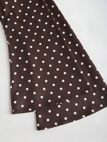 Sweetra 新款秋冬法式优雅时尚波点一字肩蝴蝶结收腰修身休闲通勤百搭喇叭袖女衬衫 - 咖啡棕 - 查看 3