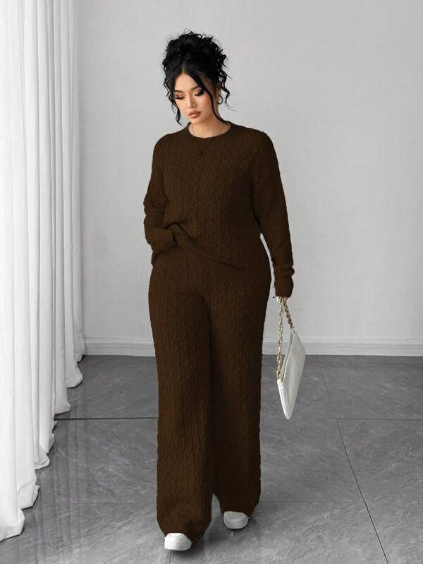 Elenzga Women's Simple Stylish Long Sleeve Button Long Pants Plus Size Knitted Sweater Set, Autumn/Winter