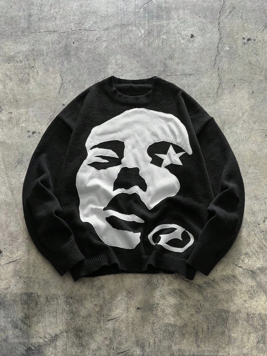 AXEPEAK 男士休闲宽松图案印花圆领长袖毛衣，秋冬 - 黑與白 - 查看 1