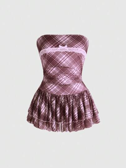 J-Fashion Vintage Sweet Plaid Print Skater Dress For Women