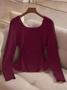 Franclia New Elegant V-Neck Design Solid Color Pullover Sweater For Women, Versatile For Autumn - Burgundy - View 2