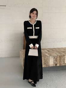 DAZY 女式拼色圆领长袖针织毛衣裙，秋冬