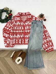 SHEIN Unity 1pc Women's Cute Christmas Tree & Deer Intarsia Knit Loose Zip-Up Cardigan Jacket, Suitable For Party, Home, Casual Wear, Autumn/Winter, Christmas, New Year - Red and White - View 7