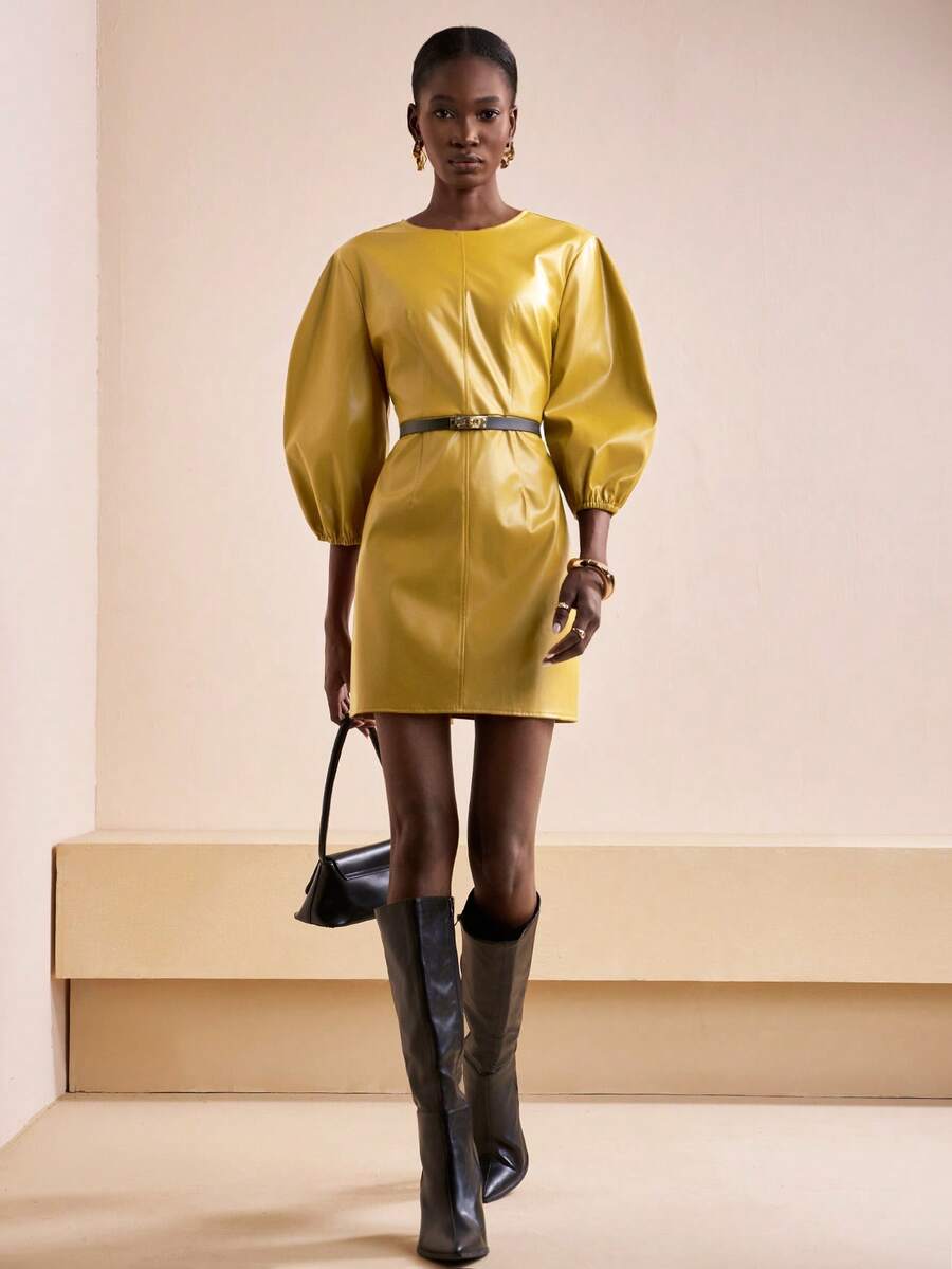 Zivah 2025秋冬系列圆领七分袖喇叭袖修身PU皮革后背金属拉链都市简约风，适合派对、通勤、约会、度假晚宴、街头风等场合，柠檬黄女士迷你连衣裙