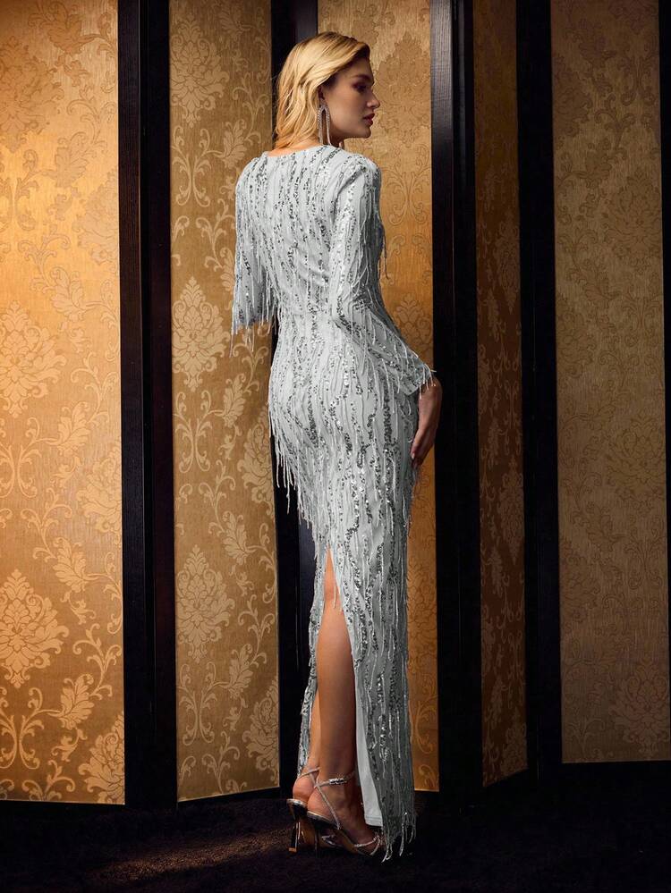 MOTF Soiréza WOMEN'S SEQUIN FRINGE DETAIL ROUND NECK LONG SLEEVE EVENING PARTY GOWN, FOR WEDDINGS, PARTIES & ELEGANT EVENING EVENTS