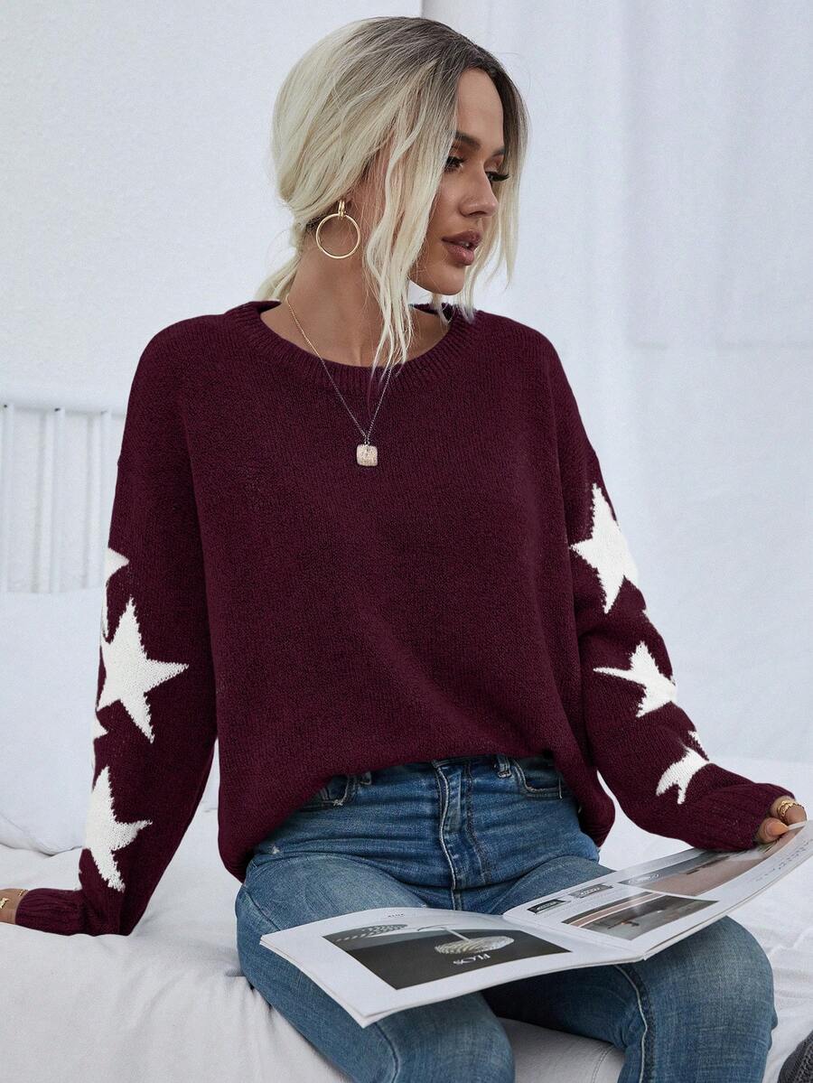 EMERY ROSE Women's Colorblock Five-Pointed Star Pattern Long Sleeve Casual Pullover Sweater - Maroon - View 1