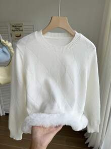 Genkimix Kids Jersey de niña con tejido especial de hilo, adornos de lentejuelas y perlas, cuello redondo, manga larga, jersey de punto, diseño de lujo con combinación, sensación de alta gama, estilo académico blanco puro, otoño/invierno