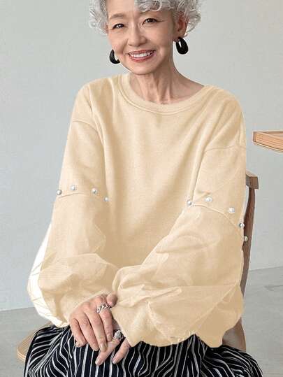 FRIFUL Women's Round Neck Pearl Button Decor Lantern Sleeve Loose Mesh Splice Sleeve Thickened Solid Color Sweatshirt, Halloween Costume