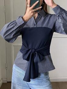DAZY 格子拼接二合一系带休闲优雅长袖衬衫，女士秋冬款 - 藍色 - 查看 6