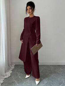 Elenzga 2pcs Women's Elegant Solid Color Split Hem Top And Wide Leg Pants Set, Autumn - Brown - View 4