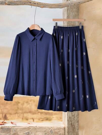 Rusticease Women's Fashion Casual Solid Color Button-Up Shirt & Dandelion Print Skirt 2 Pieces Set  Winter Clothes For Women