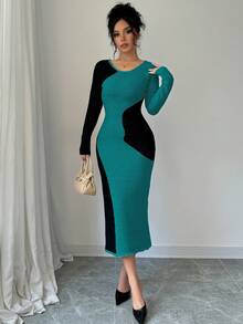 Elenzga 女式拼色圆领修身优雅长袖毛衣裙 - 綠色 - 查看 5